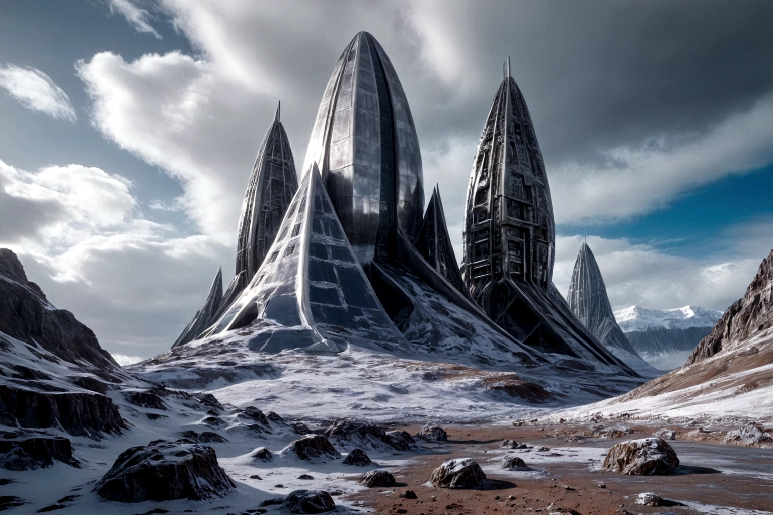 futuristic chrome fortress ON AN ALIEN PLANET STEEP AND INTRINSIC MOUNTAINS WITH SHARP ROCKS WITH SNOW AND ICE, EL CIELO TORMENTOSO APLOMADO, GRAY AND COLD HAS THE CLOUDS DESTROYED BY THE FREEZING WIND FROM THE POLE, IMAGEN HIPER REALISTA, MAXIMUM DEPTH OF FIELD, MAXIMUM HDR 4K RESOLUTION, PERSPECTIVA PERFECTA PARA fortaleza CROMADA  alien
