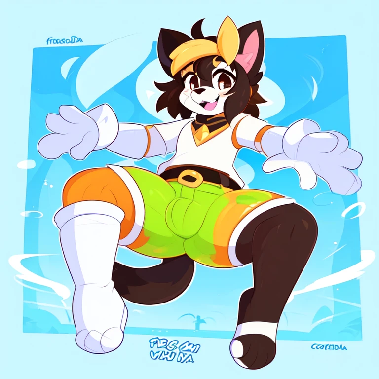 uploaded on e621, 1930s rubber hose anthro cat, uploaded to e621, ((by teranen, by freeedon, by Kilinah, by Coffeesoda, by Hioshiru, by Kilinah)), has thick thighs, wearing yellow swimming shorts, jumping like Mega man, high quality, crisp