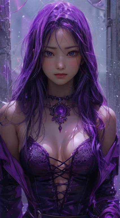 anime, photorealistic, a sorceress, beautiful, sexy, powerful, character concept, fantasy, rpg, purple color scheme, unique design by artgerm and gerald brom
