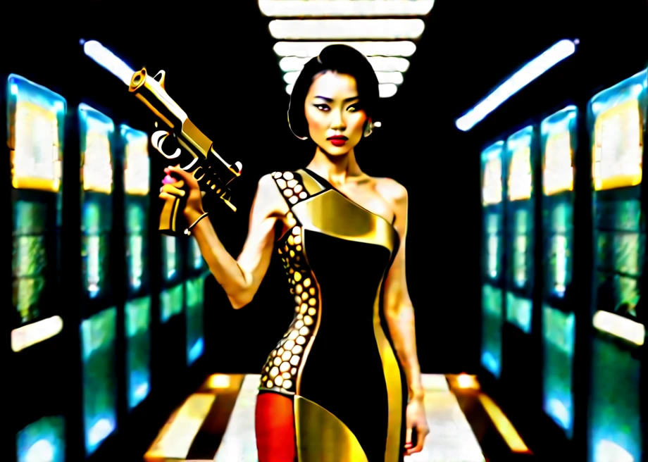 araffe woman in a gold dress standing in a hallway, movie still of a villain cyborg, jacky tsai style, human soldiers, pistols, inspired by Tang Sin Yun Sandara, shot on anamorphic lenses, syndicate(2012), rendering of beauty pageant, library of babel, blond ltd, golden silver elements, holding a gun --ar 16:9  