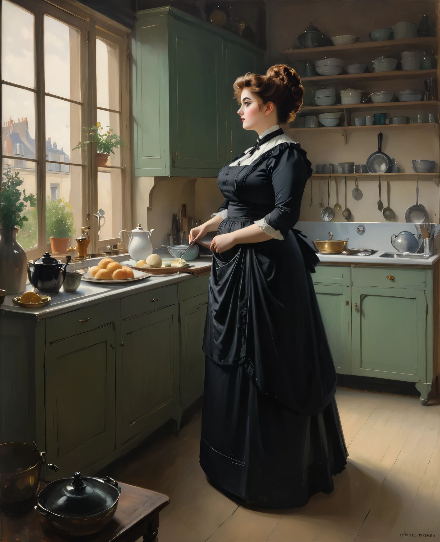 Full body shot of a curvaceous, voluptuous,  buxom Victorian widow wearing a black dress  standing in her kitchen looking out of the window, by Jean Béraud, inspired by Jean Béraud, inspired by Édouard Detaille, edouard leon cortes, inspired by Ivan Kramskoi, inspired by Jean-Louis-Ernest Meissonier, by Édouard Detaille, inspired by Paul Émile Chabas, opulent updo hairstyle, white apron 