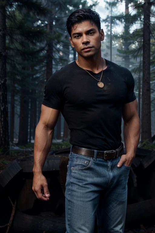 Mark Consuelos, Steve Velard, Teen Wolf, 18 years old, short messy black hair, slim muscular build, black eyes, open blue shirt, dark blue jeans, black belt, light brown combat boots, silver moon pendant, gold background , black misty forest