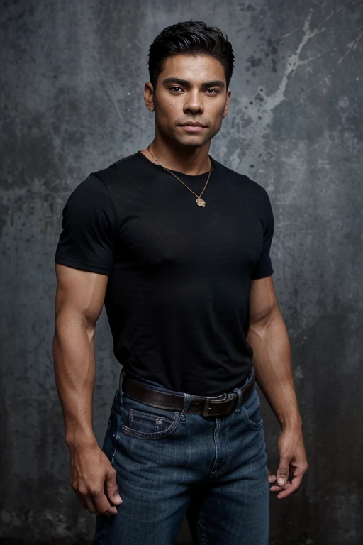 Mark Consuelos, Steve Velard, Teen Wolf, 18 years old, short messy black hair, slim muscular build, black eyes, open blue shirt, dark blue jeans, black belt, light brown combat boots, silver moon pendant, gold background , black misty forest