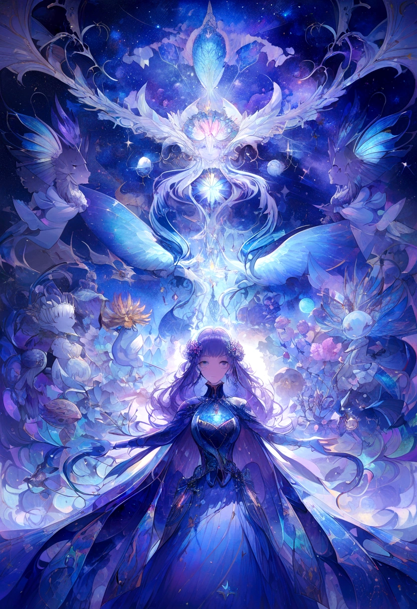 (blue and purple theme, nebula, galaxie:1.3), univers vibrant,des couleurs au-delà de la réalité,toile de fond palpitante,Sparkling magic,aventure,joie,curiosity,kaleidoscope patterns,cheveux multicolores,shimmering highlights,de grands yeux,surrealism,Fantaisie,Fantastic elements,contemplation sereine,bleus fluorescents,bleus fluorescents,luminous creatures,Dynamic energy,moment de calme,kaleidoscopic flora and fauna,vibrant colors,composition imaginative, Ioulia,closed mouth, (fermer:1.1), depuis_side, Seulement