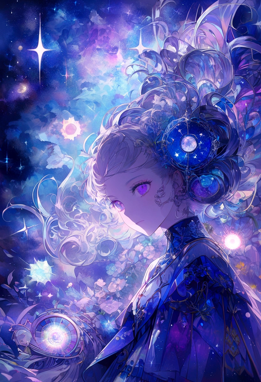 (blue and purple theme, nebula, galaxie:1.3), univers vibrant,des couleurs au-delà de la réalité,toile de fond palpitante,Sparkling magic,aventure,joie,curiosity,kaleidoscope patterns,cheveux multicolores,shimmering highlights,de grands yeux,surrealism,Fantaisie,Fantastic elements,contemplation sereine,bleus fluorescents,bleus fluorescents,luminous creatures,Dynamic energy,moment de calme,kaleidoscopic flora and fauna,vibrant colors,composition imaginative, Ioulia,closed mouth, (fermer:1.1), depuis_side, Seulement