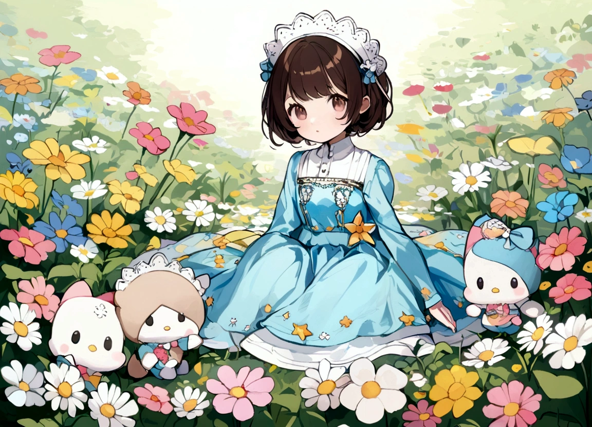 a girl with dark brown hair, blue dress with long sleeves, sitting in a field of flowers. little twin star sanrio style.