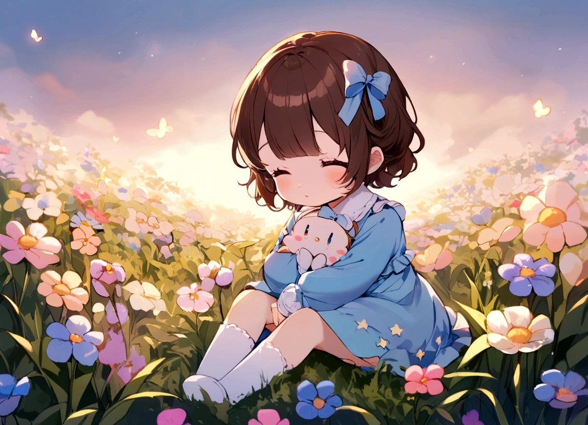 a  girl with dark brown hair, blue dress with long sleeves, sitting in a field of flowers. little twin star sanrio style.