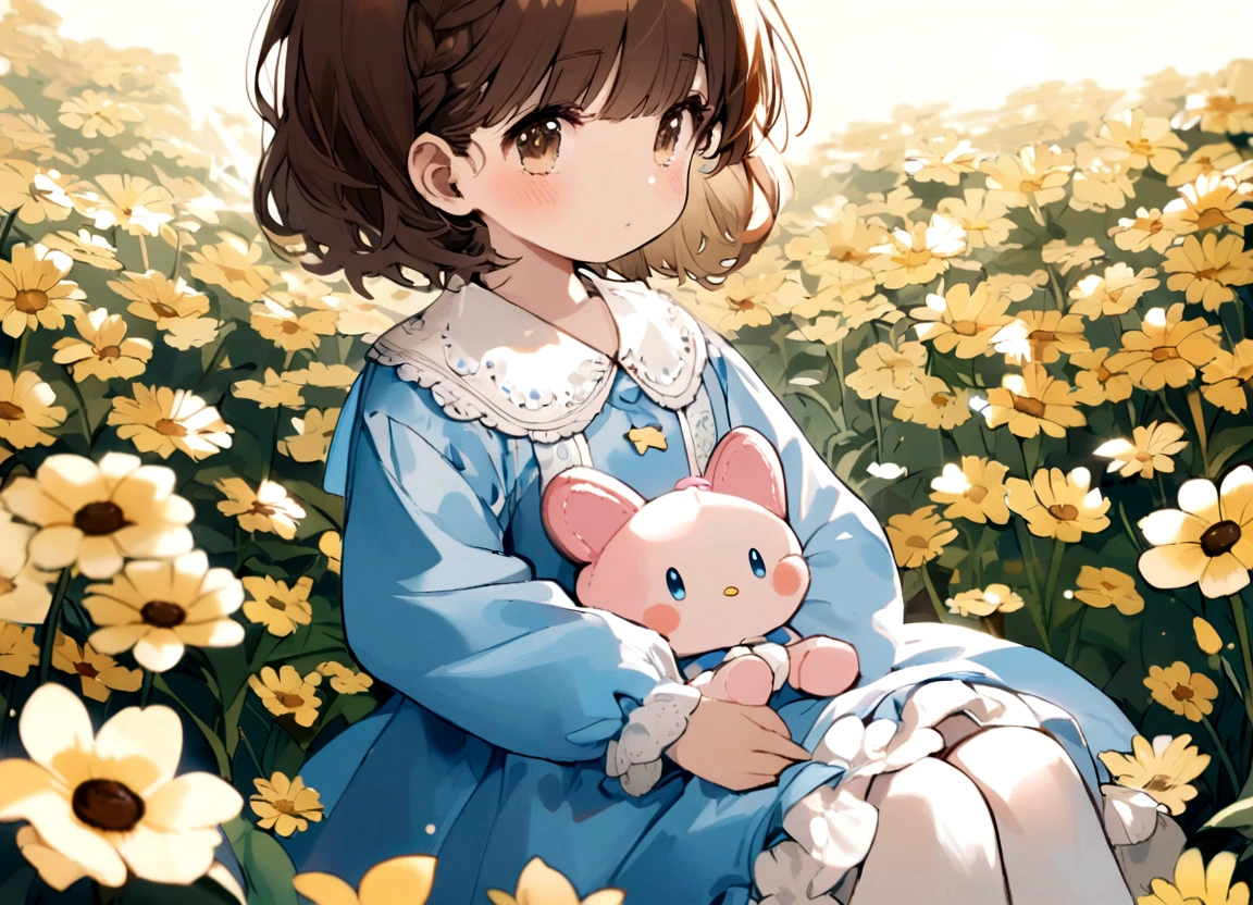 a small girl with dark brown hair, blue dress with long sleeves, sitting in a field of flowers. little twin star sanrio style.