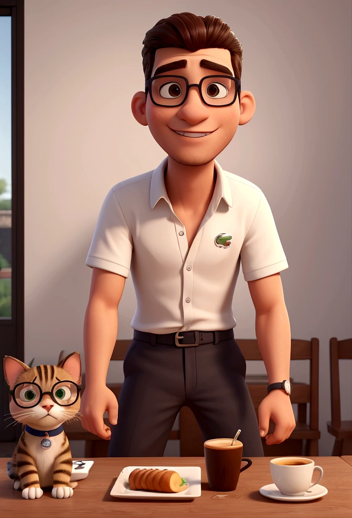 melhor qualidade, high resolution, imagem distinta, jovem, masculino, magro, with glasses, alto, cabelo curto e preto camisa lacoste, iphone 15, short lacoste, sapato lacoste, sitting at the breakfast table with your cat, drinking coffee, gatos, preto, laranja e branco, roronando, em cima da mesa