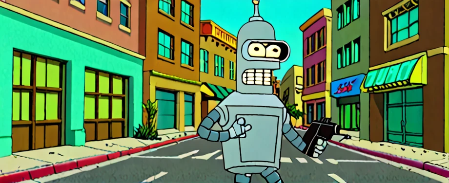 Bender holding Uzi running Cross Street in Jacksonville, Style of Futurama 