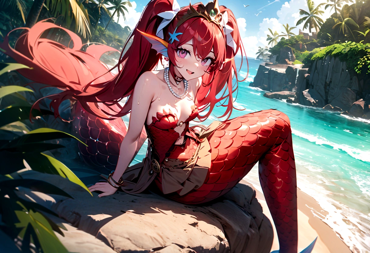 (best quality,4k,8k,highres,masterpiece:1.2),ultra-detailed, drawn in anime style, Pretty  princess magically transformed into a beautiful mermaid, race swap, fantastic transformation, steampunk, fish like, wet body, dominant shades of red, long and detailed mermaid tail with shimmering red fish scales, fins ears, very long pigtails red hair that sparkles in the light, pearl hair ornaments, sharp teeth, is smiling, pink eyes, small breast, long pelvic and dorsal fins, pair of fish gills on her neck and torso, red shell bra, starfish hair clips, pearl earrings and bracelets, pearl necklace, hair ribbons, gold tiara, embracing her new life has a mermaid, joyful expression, sitting on a rock, sandy beach, brushing her hair, ocean waves,sparkling water,coconut trees,seagulls,vibrant colors,magical glow,shimmering scales,sea breeze,warm sunlight,joyful expression,island paradise,lush tropical plants,dynamic composition,soft and smooth lines,expressive facial features,gentle water reflections,serene atmosphere, Highly detailed, masterpiece, high quality, 4K