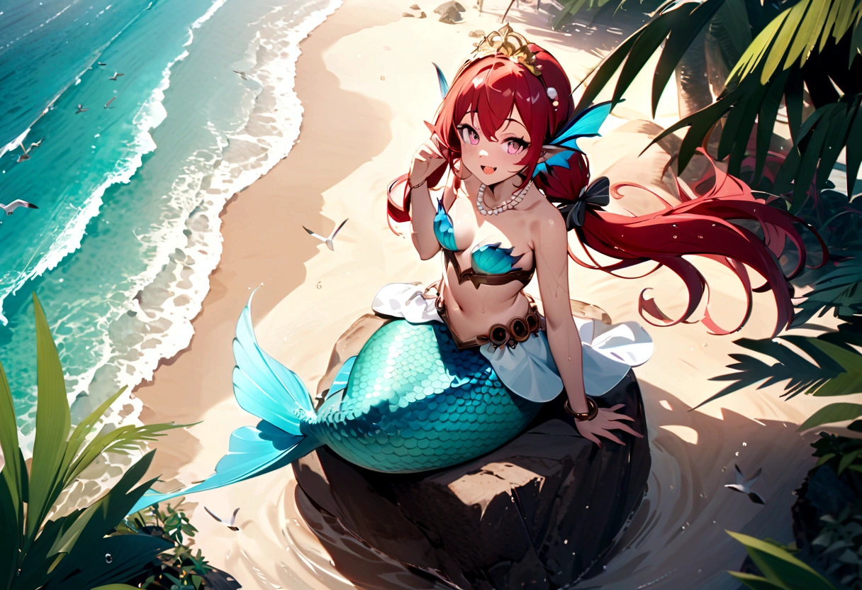 (best quality,4k,8k,highres,masterpiece:1.2),ultra-detailed, drawn in anime style, Pretty princess magically transformed into a beautiful mermaid, race swap, fantastic transformation, steampunk, fish like, wet body, dominant shades of red, long and detailed mermaid tail with shimmering red fish scales, fins ears, very long pigtails red hair that sparkles in the light, pearl hair ornaments, sharp teeth, is smiling, pink eyes, small breast, long pelvic and dorsal fins, pair of fish gills on her neck and torso, red shell bra, starfish hair clips, pearl earrings and bracelets, pearl necklace, hair ribbons, gold tiara, embracing her new life has a mermaid, joyful expression, sitting on a rock, sandy beach, brushing her hair, ocean waves,sparkling water,coconut trees,seagulls,vibrant colors,magical glow,shimmering scales,sea breeze,warm sunlight,joyful expression,island paradise,lush tropical plants,dynamic composition,soft and smooth lines,expressive facial features,gentle water reflections,serene atmosphere, Highly detailed, masterpiece, high quality, 4K