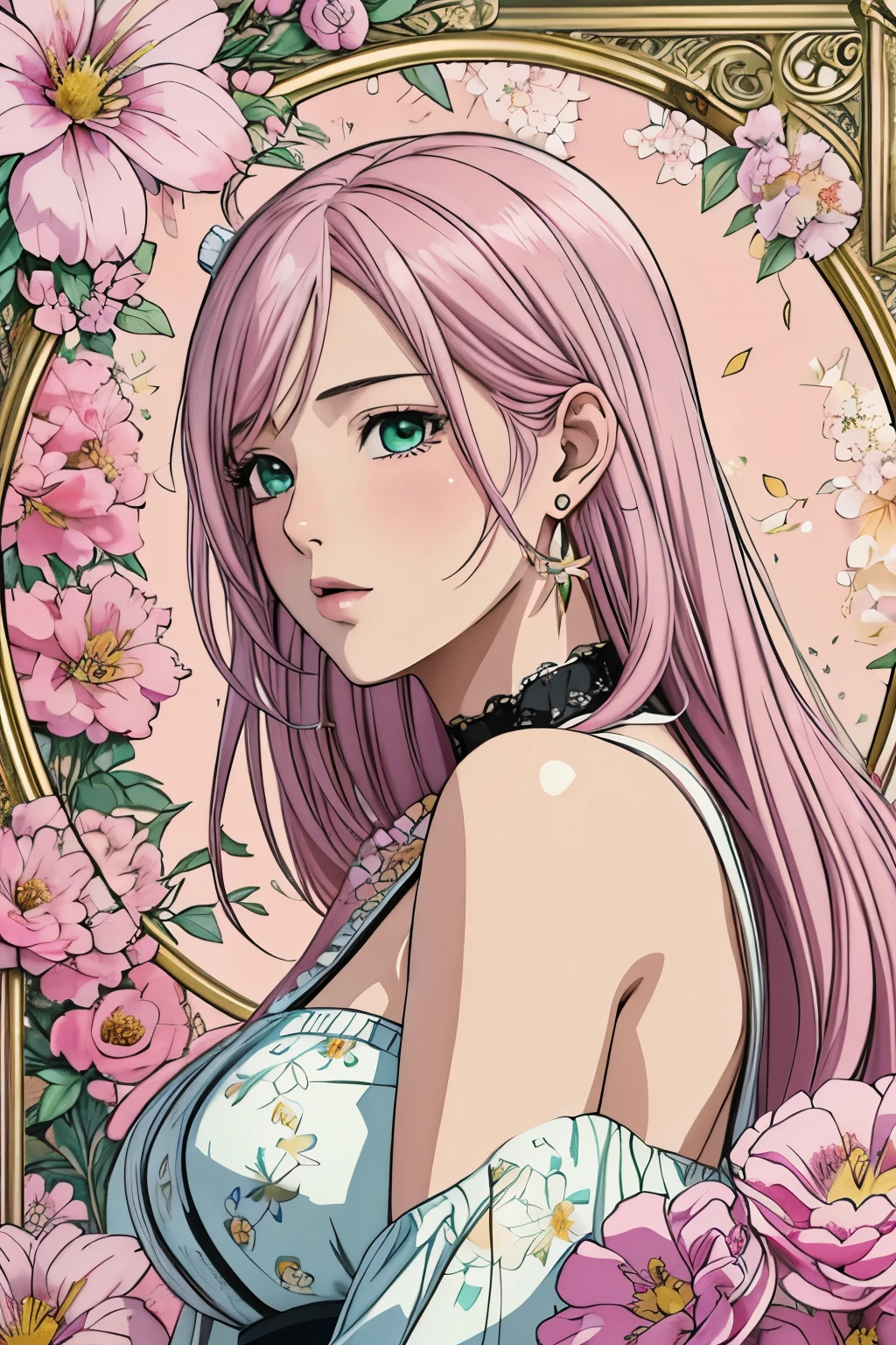 (masterpiece, top-quality, top-quality, Official art, Beautifully Aesthetic:1.2), green eyes, (highest quality, masterpiece painting:1.3), immature woman, , (half body shot), masterpiece, ultra high resolution, (((Flower frame, A lot of flowers in the frame, round frame, A beautiful girl fits into the frame))), Decorative panel, abstract art, (shot from a side angle), (Photoreal:1.0), ((light pink hair)),straight hair, beautiful shining hair, white and shining skin, Painterly, sketch, Texture, 超A high resolution, solo, Beautuful Women, A highly detailed, (Fractal Art:1.1), (colourfull:1.1), (florals:1.6), The most detailed, (Zentangle:1.2), (Dynamic Poses), (Abstract background:1.3), (shinny skin), (Many colors:0.8), (earrings:1.4), (pluma:0.9), Taisho romance