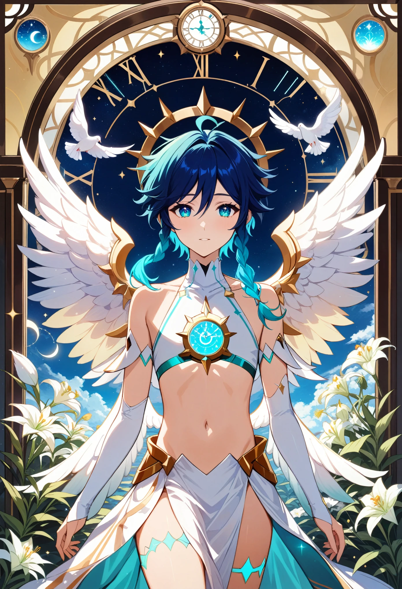 (masterpiece:1.2), best quality, expressive eyes, perfect face, 1boy, flat chest,venti_\(archon\)_\(genshin_impact\),bare stomach,white doves, genshin impact, white lilies, dandelions, beautiful lilies blooms and plants surrounding him, framed by the full moon clock and constellations in an stained glass art style, dazzling moonlit scene, tarot, archonventi, large angel wings, 