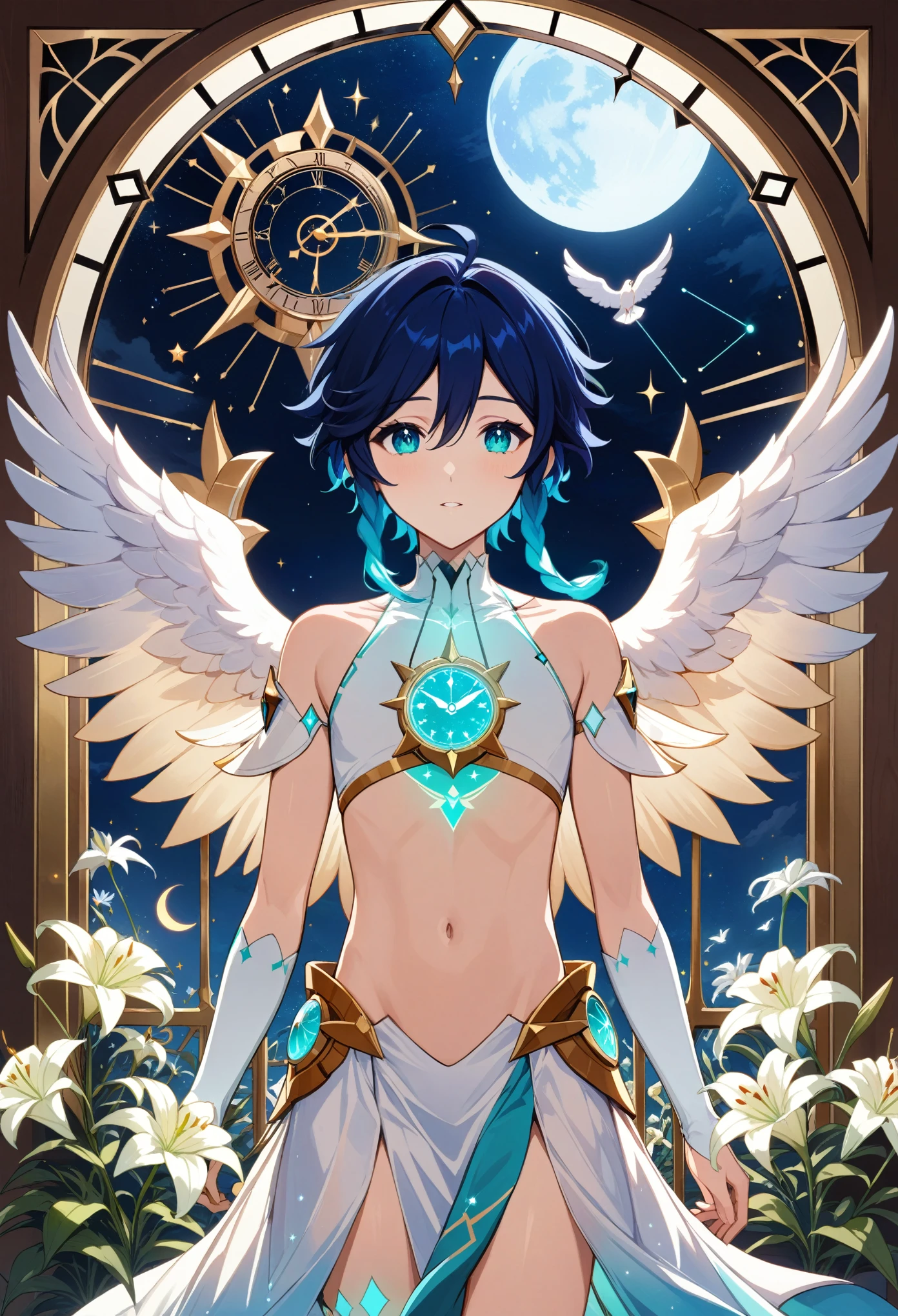 (masterpiece:1.2), best quality, expressive eyes, perfect face, 1boy, flat chest,venti_\(archon\)_\(genshin_impact\),bare stomach,white doves, genshin impact, white lilies, dandelions, beautiful lilies blooms and plants surrounding him, framed by the full moon clock and constellations in an stained glass art style, dazzling moonlit scene, tarot, archonventi, large angel wings, 