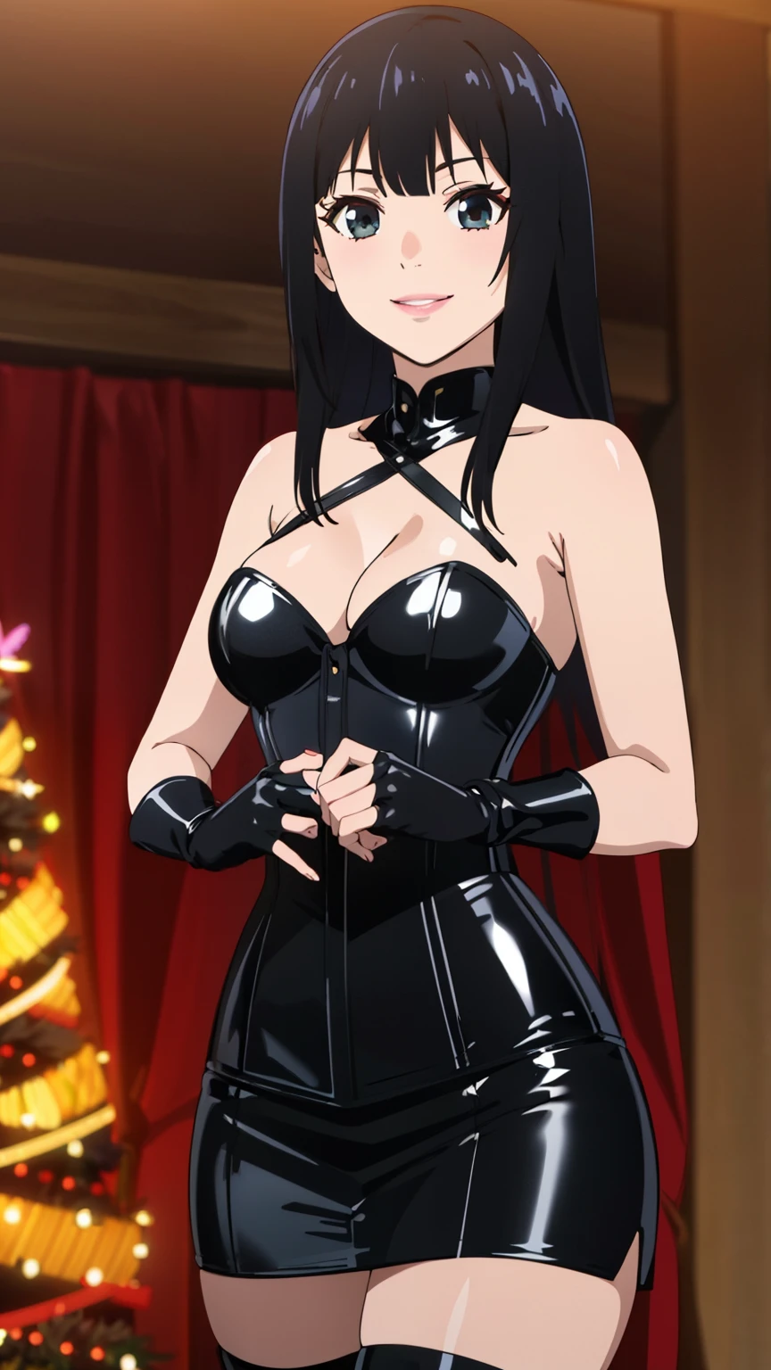 Ultra HD CGI animation 8k, Very detailed, Digital Art Painting, 1 girl, Pink Lips, Shiny, Happy, smile, Looking at the audience, Blunt bangs, Princess cut bangs, Black Hair, Long Hair,((Long gloves covered in black latex all the way to the fingertips), (Black latex corset dress), (Halter neck corset dress), (Black latex tight mini skirt), (Black thigh-high boots)),Cowboy Shot,