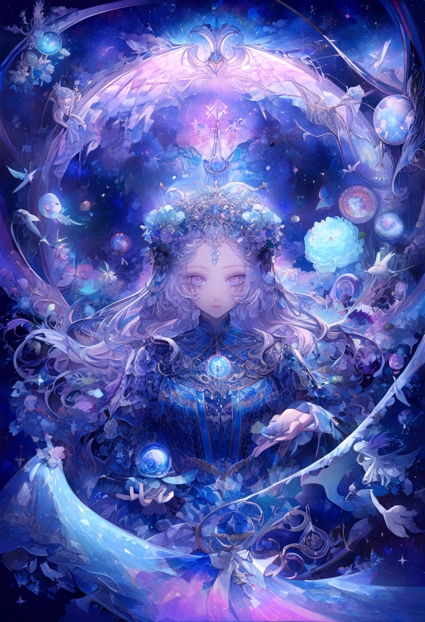 (blue and purple theme, nebula, galaxie:1.3), univers vibrant,des couleurs au-delà de la réalité,toile de fond palpitante,Sparkling magic,aventure,joie,curiosity,kaleidoscope patterns,cheveux multicolores,shimmering highlights,de grands yeux,surrealism,Fantaisie,Fantastic elements,contemplation sereine,bleus fluorescents,bleus fluorescents,luminous creatures,Dynamic energy,moment de calme,kaleidoscopic flora and fauna,vibrant colors,composition imaginative, Ioulia,closed mouth, (fermer:1.1), depuis_side, Seulement