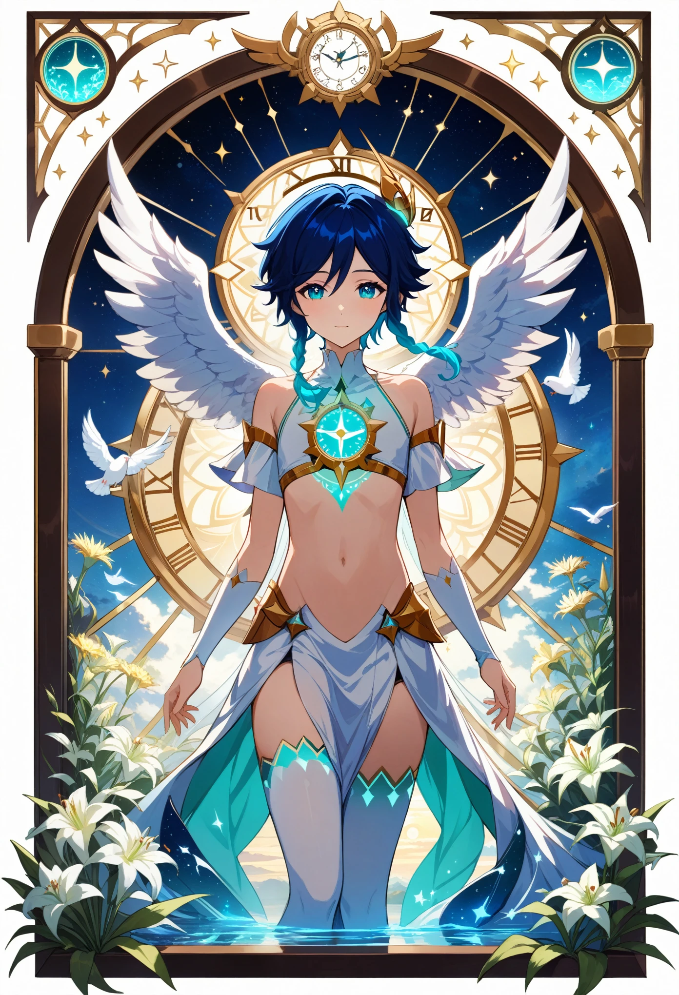 (masterpiece:1.2), best quality, expressive eyes, perfect face, 1boy, flat chest,venti_\(archon\)_\(genshin_impact\),bare stomach,white doves, genshin impact, white lilies, dandelions, beautiful lilies blooms and plants surrounding him, framed by the full moon clock and constellations in an stained glass art style, dazzling moonlit scene, tarot, archonventi, large angel wings, 