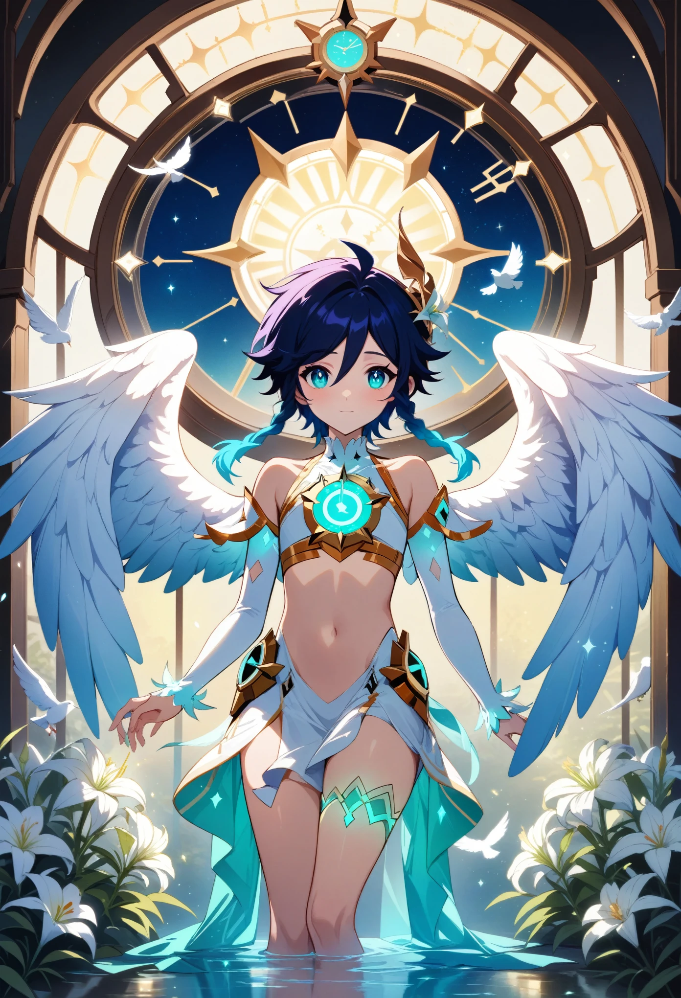 (masterpiece:1.2), best quality, expressive eyes, perfect face, 1boy, flat chest,venti_\(archon\)_\(genshin_impact\),bare stomach,white doves, genshin impact, white lilies, dandelions, beautiful lilies blooms and plants surrounding him, framed by the full moon clock and constellations in an stained glass art style, dazzling moonlit scene, tarot, archonventi, large angel wings, 