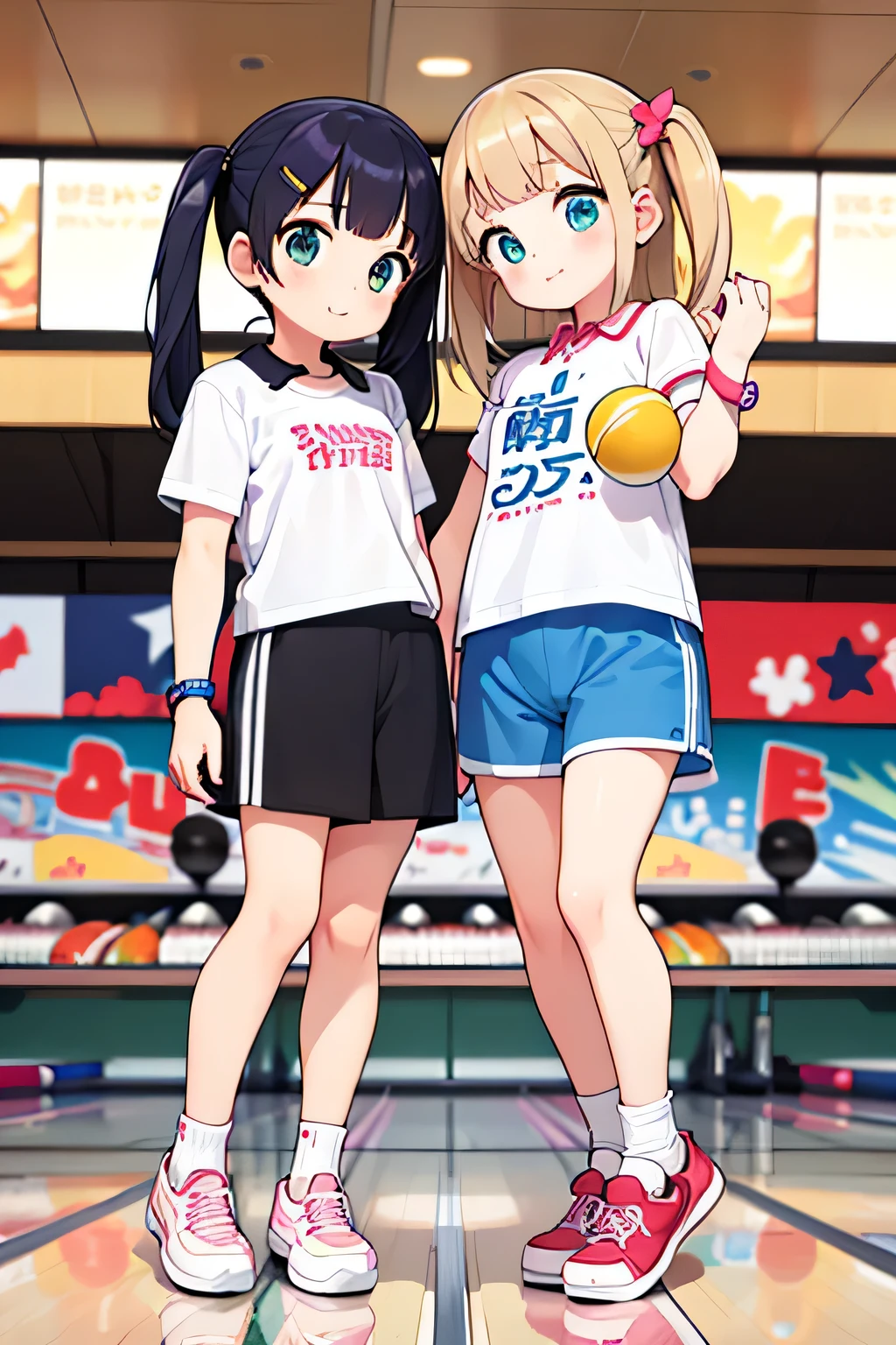 highest quality、High resolution、Detailed Background、Anatomically correct、(Detailed facial expressions)、(Detailed eyes:1.2)、Teenage beauty、(Highly detailed face:1.4)、(Highly detailed face:1.4)、cute hair color、cute hairstyle、bowling alley、Cute gestures、(Two beautiful girls playing bowling:1.5)、

bowling alleyに行くのが楽しみ、Playing with friends、
You&#39;ve gotten better at throwing strikes、Let&#39;s all rejoice together、
The sound of pins falling echoes、Good at rolling the ball、
It&#39;s my turn next、I&#39;ll try throwing it with all my might、
one two three、A lot of pins fell、Everyone smiles and claps、
Everyone enjoying bowling、It&#39;s heartwarming to see them playing together、
After bowling、We all had lunch together、
It&#39;s nice to have a lively conversation、
Bowling day is so exciting、
Time spent with friends becomes precious memories、

We recommend a casual T-shirt that is easy to move in.、
T-shirts with character patterns or logos can also create a feminine look.、
A polo shirt gives an elegant impression while being easy to move around in.、
We recommend a cute and colorful polo shirt.、
A knee-length flared skirt is easy to move in and gives a cute impression.、
We also recommend skirts with sporty designs.、
Tapered pants and shorts are comfortable and easy to move in.、
Sports-themed pants are stylish、
Sneakers are recommended、Colorful sneakers give a cute impression、
Wearing a wristband makes it look more sporty、
Hair accessories such as ribbons and hairpins can add a feminine touch.、cute