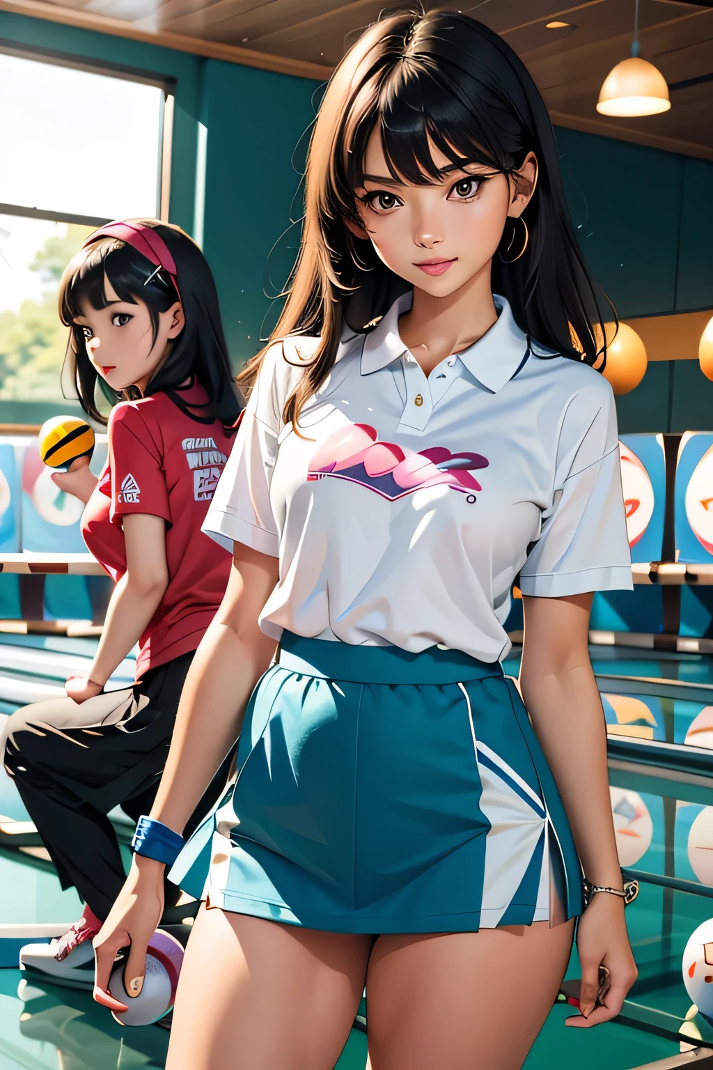 highest quality、High resolution、Detailed Background、Anatomically correct、(Detailed facial expressions)、(Detailed eyes:1.2)、 beauty、(Highly detailed face:1.4)、(Highly detailed face:1.4)、cute hair color、cute hairstyle、bowling alley、Cute gestures、(Two beautiful girls playing bowling:1.5)、

bowling alleyに行くのが楽しみ、Playing with friends、
You&#39;ve gotten better at throwing strikes、Let&#39;s all rejoice together、
The sound of pins falling echoes、Good at rolling the ball、
It&#39;s my turn next、I&#39;ll try throwing it with all my might、
one two three、A lot of pins fell、Everyone smiles and claps、
Everyone enjoying bowling、It&#39;s heartwarming to see them playing together、
After bowling、We all had lunch together、
It&#39;s nice to have a lively conversation、
Bowling day is so exciting、
Time spent with friends becomes precious memories、

We recommend a casual T-shirt that is easy to move in.、
T-shirts with character patterns or logos can also create a feminine look.、
A polo shirt gives an elegant impression while being easy to move around in.、
We recommend a cute and colorful polo shirt.、
A knee-length flared skirt is easy to move in and gives a cute impression.、
We also recommend skirts with sporty designs.、
Tapered pants and shorts are comfortable and easy to move in.、
Sports-themed pants are stylish、
Sneakers are recommended、Colorful sneakers give a cute impression、
Wearing a wristband makes it look more sporty、
Hair accessories such as ribbons and hairpins can add a feminine touch.、cute