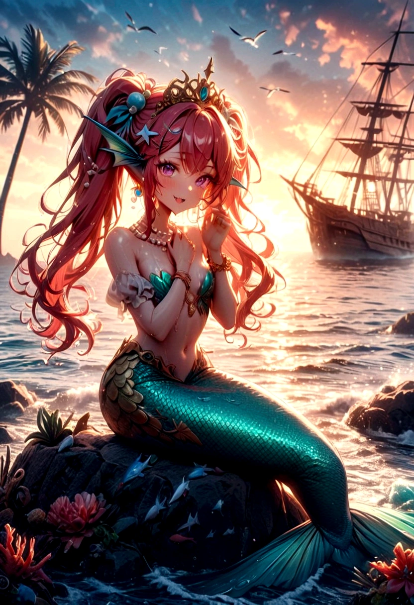(best quality,4k,8k,highres,masterpiece:1.2),ultra-detailed, drawn in anime style, Pretty princess magically transformed into a beautiful mermaid, race swap, fantastic transformation, steampunk, fish like, wet body, dominant shades of red, long and detailed mermaid tail with shimmering red fish scales, fins ears, very long pigtails red hair that sparkles in the light, pearl hair ornaments, sharp teeth, is smiling, pink eyes, small breast, long pelvic and dorsal fins, pair of fish gills on her neck and torso, red shell bra, starfish hair clips, pearl earrings and bracelets, pearl necklace, hair ribbons, gold tiara, embracing her new life has a mermaid, joyful expression, sitting on a rock, sandy beach, brushing her hair, ocean waves,sparkling water,coconut trees,seagulls,vibrant colors,magical glow,shimmering scales,sea breeze,warm sunlight,joyful expression,island paradise,lush tropical plants,dynamic composition,soft and smooth lines,expressive facial features,gentle water reflections,serene atmosphere, Highly detailed, masterpiece, high quality, 4K