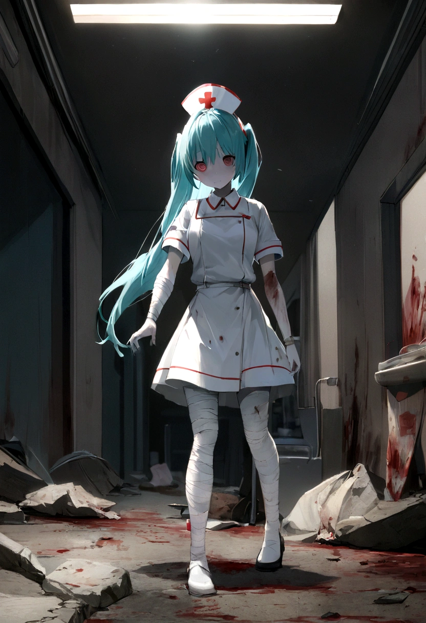 Hatsune Miku、Hatsune Miku、Blue skin and face、masterpiece, highest quality, highest detail, 1 girl, BREAK, horror, (Small injured girl, blood, bleeding, injury), Shining white hair, jewel-like red eyes, anime highlight eyes, (Nurse uniform: 1.4), (White tight miniskirt: 1.2), White pantyhose, scarred clothes, dirty clothes, bloodstained clothes, scarred skin, battle damage, bandaged arms, bandaged legs, (Yandere:1.2), BREAK, The background is a modern hospital, a collapsed hospital, BREAK, full body, movie lighting, action movie poster, dynamic, beautiful girl action actor, motion blur, depth of field, 35mm, Sony FE, 1girl,