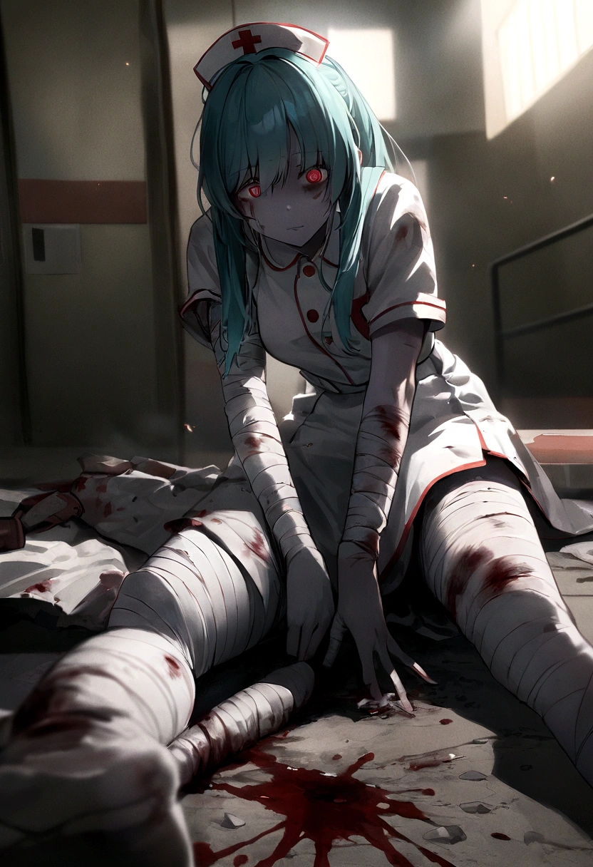 Hatsune Miku、Hatsune Miku、Blue skin and face、masterpiece, highest quality, highest detail, 1 girl, BREAK, horror, (Small injured girl, blood, bleeding, injury), Shining white hair, jewel-like red eyes, anime highlight eyes, (Nurse uniform: 1.4), (White tight miniskirt: 1.2), White pantyhose, scarred clothes, dirty clothes, bloodstained clothes, scarred skin, battle damage, bandaged arms, bandaged legs, (Yandere:1.2), BREAK, The background is a modern hospital, a collapsed hospital, BREAK, full body, movie lighting, action movie poster, dynamic, beautiful girl action actor, motion blur, depth of field, 35mm, Sony FE, 1girl,