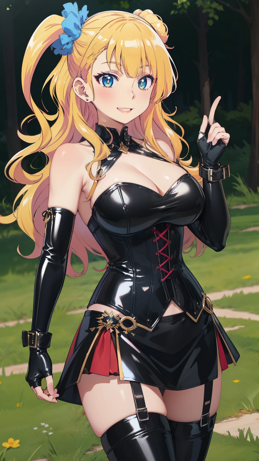 (Highest quality, high resolution, 8k:1.2), beautiful eyes, highly detailed face, detailed CG, 1 girl, anime, gyaruko, big breasts, smiling, (long gloves covered in black latex all the way to the fingertips), (black latex corset dress), (halter neck corset dress), (black latex tight mini skirt), (black thigh-high boots), glowing skin, looking at the audience, dynamic pose, dynamic angle, solo,