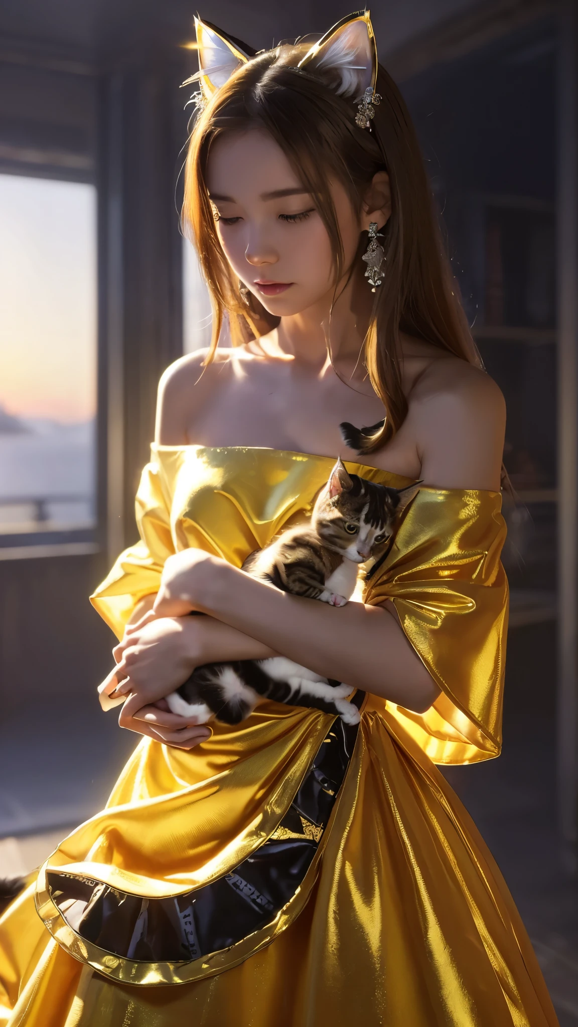 {{masterpiece}},{{highest quality}},enlightenment,1 perfect portrait of a girl, A fascinating eye, (soft hair),(cat ears),Long and slim body type, fantasy background, {exposed bare shoulders},{long-term alienation_sleeve}, {lean forward a little}, If you look up,hair ornaments,{shy},please shut your mouth, head tilt, ,movie lighting, (Shiny dress:1.5), ((seductive pose)), (Holding a cat:1.6), sunset seashore