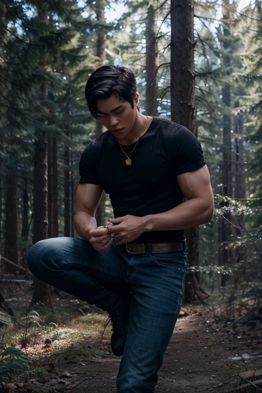 Ross Butler, Zach Dempsey, Teen Wolf, 18 years old, short messy black hair, slim muscular build, black eyes, open blue shirt, dark blue jeans, black belt, light brown combat boots, silver moon pendant, gold background black, misty forest