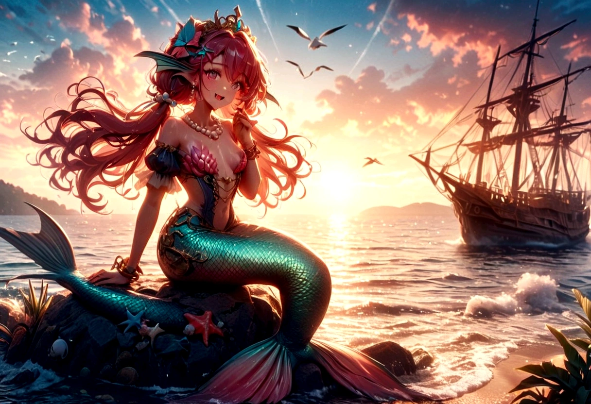 (best quality,4k,8k,highres,masterpiece:1.2),ultra-detailed, drawn in anime style, Pretty 15 years old princess magically transformed into a beautiful mermaid, race swap, fantastic transformation, steampunk, fish like, wet body, dominant shades of red, long and detailed mermaid tail with shimmering red fish scales, fins ears, very long pigtails red hair that sparkles in the light, pearl hair ornaments, sharp teeth, is smiling, pink eyes, small breast, long pelvic and dorsal fins, pair of fish gills on her neck and torso, red shell bra, starfish hair clips, pearl earrings and bracelets, pearl necklace, hair ribbons, gold tiara, embracing her new life has a mermaid, joyful expression, sitting on a rock, sandy beach, brushing her hair, ocean waves,sparkling water,coconut trees,seagulls,vibrant colors,magical glow,shimmering scales,sea breeze,warm sunlight,joyful expression,island paradise,lush tropical plants,dynamic composition,soft and smooth lines,expressive facial features,gentle water reflections,serene atmosphere, Highly detailed, masterpiece, high quality, 4K