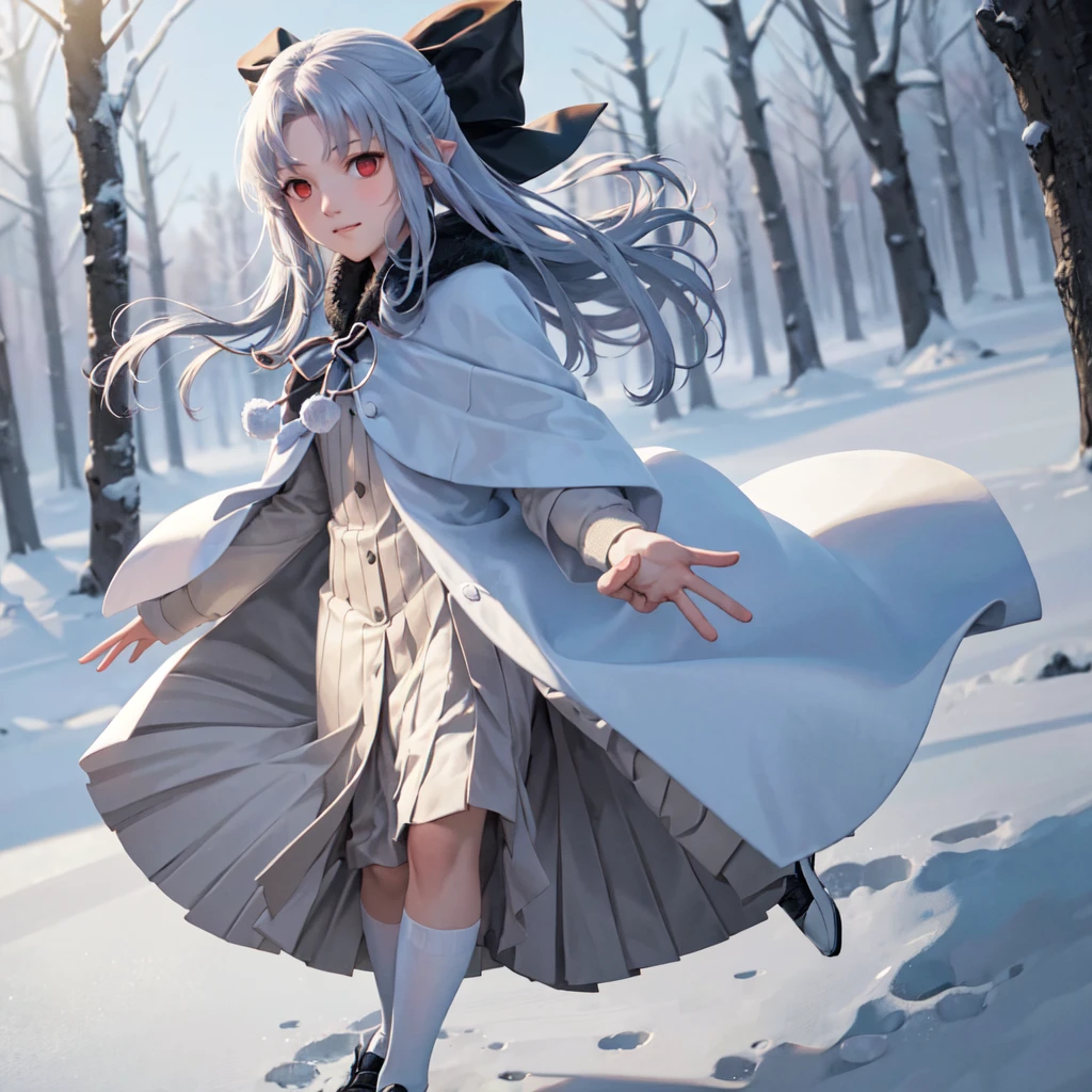 (masterpiece, top quality, best quality, official art, beautiful and aesthetic:1.3,photorealistic:1.4, photo, raw, ),winter, snow, strong wind, spinning around on one foot, snow storm,
1girl,len (tsukihime), robe,solo, (red eyes:1.3), pointy ears, blue hair, dress, long hair, bow, outside, far shot, white robe, half updo, zettai ryouiki, white legwear, smirk, young, forest, arms behind back,