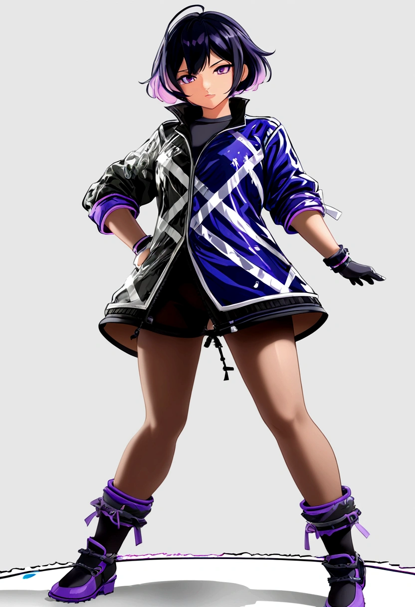 Tomboy girls, Sexy, Smart, Strong, muscular body, Tall Body, Short black hair, purple pupil eyes, black plain chokers, wear jacket, black Crop top, short black jeans, thick long black stocking, High black boots, fingerless black gloves, smile intimidate face, two hand on armrest, White plastic chair, black background, Tekken Art Style, Anime art style, looking at viewers, far shot camera position.