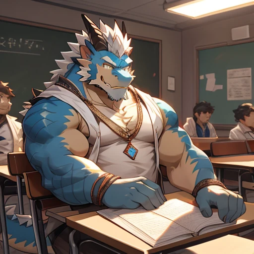 1 boy, Male focus, hairy male, Solitary, only, hairy, dragon boy, Dragon,short hair, dark skin, Convex, white hair,looking at the audience,permanent, zixiong, nj5hairy,,classroom