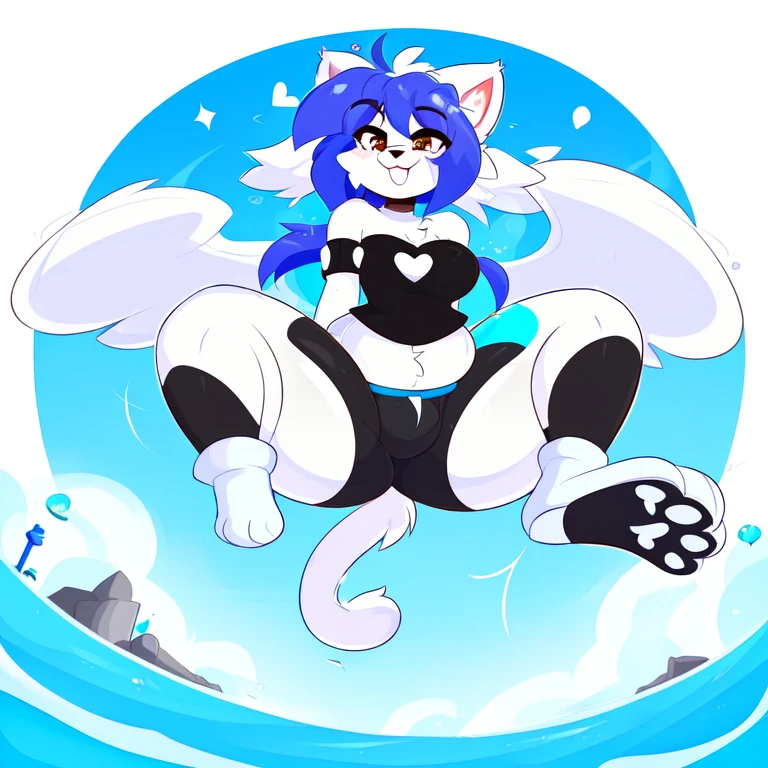 uploaded on e621, white female anthro cat, uploaded to e621, ((by teranen, by supercartoonist in devianart, by Kilinah, by Coffeesoda, by Hioshiru, by Kilinah)), has thick thighs, wearing black swimming shorts, jumping like Mega man, high quality, crisp