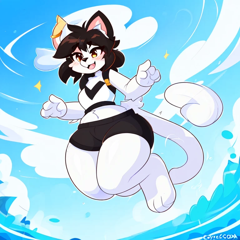 uploaded on e621, white female anthro cat, uploaded to e621, ((by teranen, by supercartoonist in devianart, by Dan Hassket, by Coffeesoda, by Hioshiru, by Kilinah)), has thick thighs, wearing black swimming shorts, jumping like Mega man, high quality, crisp