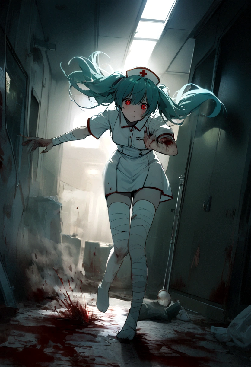 Hatsune Miku、Hatsune Miku、Blue skin and face、masterpiece, highest quality, highest detail, 1 girl, BREAK, horror, (Small injured girl, blood, bleeding, injury), Shining white hair, jewel-like red eyes, anime highlight eyes, (Nurse uniform: 1.4), (White tight miniskirt: 1.2), White pantyhose, scarred clothes, dirty clothes, bloodstained clothes, scarred skin, battle damage, bandaged arms, bandaged legs, (Yandere:1.2), BREAK, The background is a modern hospital, a collapsed hospital, BREAK, full body, movie lighting, action movie poster, dynamic, beautiful girl action actor, motion blur, depth of field, 35mm, Sony FE, 1girl,