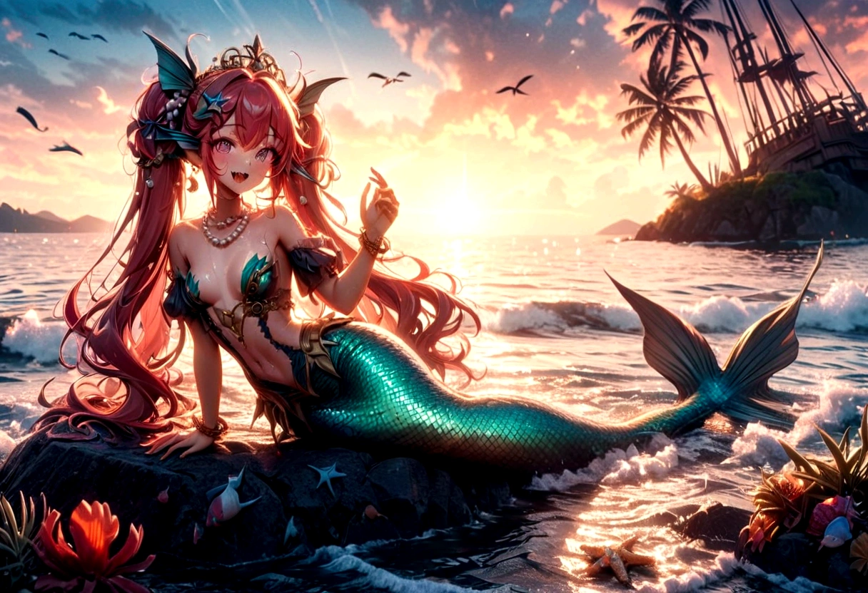 (best quality,4k,8k,highres,masterpiece:1.2),ultra-detailed, drawn in anime style, Pretty  princess magically transformed into a beautiful mermaid, race swap, fantastic transformation, steampunk, fish like, wet body, dominant shades of red, long and detailed mermaid tail with shimmering red fish scales, fins ears, very long pigtails red hair that sparkles in the light, pearl hair ornaments, sharp teeth, is smiling, pink eyes, small breast, long pelvic and dorsal fins, pair of fish gills on her neck and torso, red shell bra, starfish hair clips, pearl earrings and bracelets, pearl necklace, hair ribbons, gold tiara, embracing her new life has a mermaid, joyful expression, sitting on a rock, sandy beach, brushing her hair, ocean waves,sparkling water,coconut trees,seagulls,vibrant colors,magical glow,shimmering scales,sea breeze,warm sunlight,joyful expression,island paradise,lush tropical plants,dynamic composition,soft and smooth lines,expressive facial features,gentle water reflections,serene atmosphere, Highly detailed, masterpiece, high quality, 4K