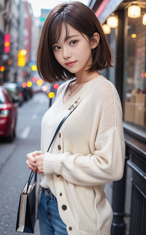 Cute 21 year old Japanese、shopping、Ultra-detailed facial features、Attention to detail、double eyelid、Beautiful and thin nose、Sharp Focus：1.2、beauty：1.4、（Light Brown Hair、Short Hair、）、Pure white skin、highest quality、masterpiece、超High resolution、（Photorealistic：1.4）、High resolution、Professional Lighting、nice smile、please show me your whole body、Casual pants、Colorful spring clothes、