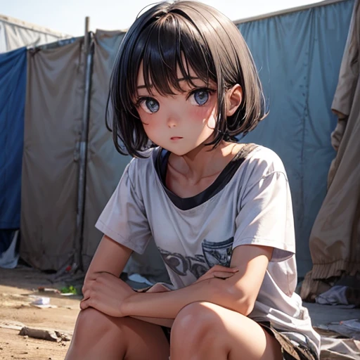 Girl with short gray hair, Fine Eyes, Tattered short sleeves, Background of the refugee camp, Sit on the ground  