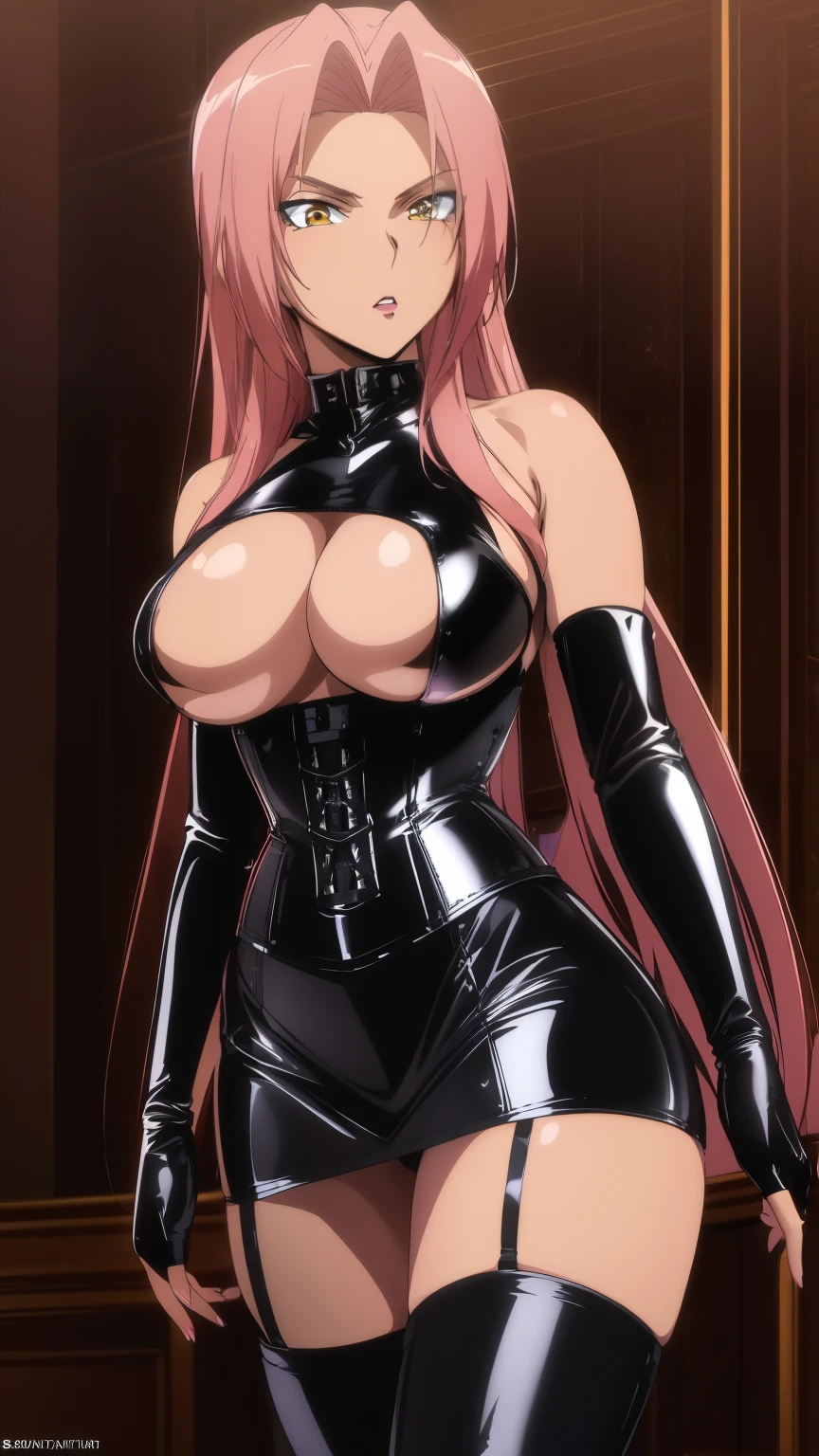 (Highest quality, masterpiece, 8k:1.2), anime, ultra-high resolution, hyper detail, Ingrid, one girl, 20 years, adult woman, big breasts, dynamic angle, staring at the viewer, (Long gloves covered in black latex down to the fingertips), (Black latex corset dress), (Halter neck corset dress), (Black latex tight mini skirt), (Black thigh-high boots),
