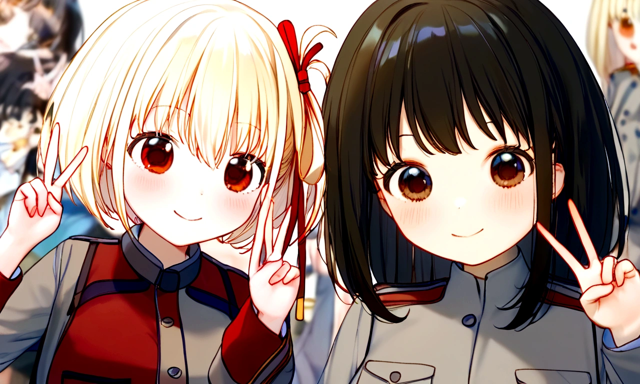 delicate、masterpiece、highest quality、2 peopleの女の子、2 people、Licorice Recoil、rikorisu rikoiru、Anime characters、(((Nishikigi Sensoku、chisato、cute、Blonde、short hair、With bangs、Cute red and grey uniform、Peace pose、smile、)))、(((Takina Inoue、takina、Black Hair、Long Hair、Navy blue and gray cute uniform、cute、Peace pose、Emotionless、Being a bit prickly、)))、White Background、Flat Color、2 peopleとも正面を向いている、sketch