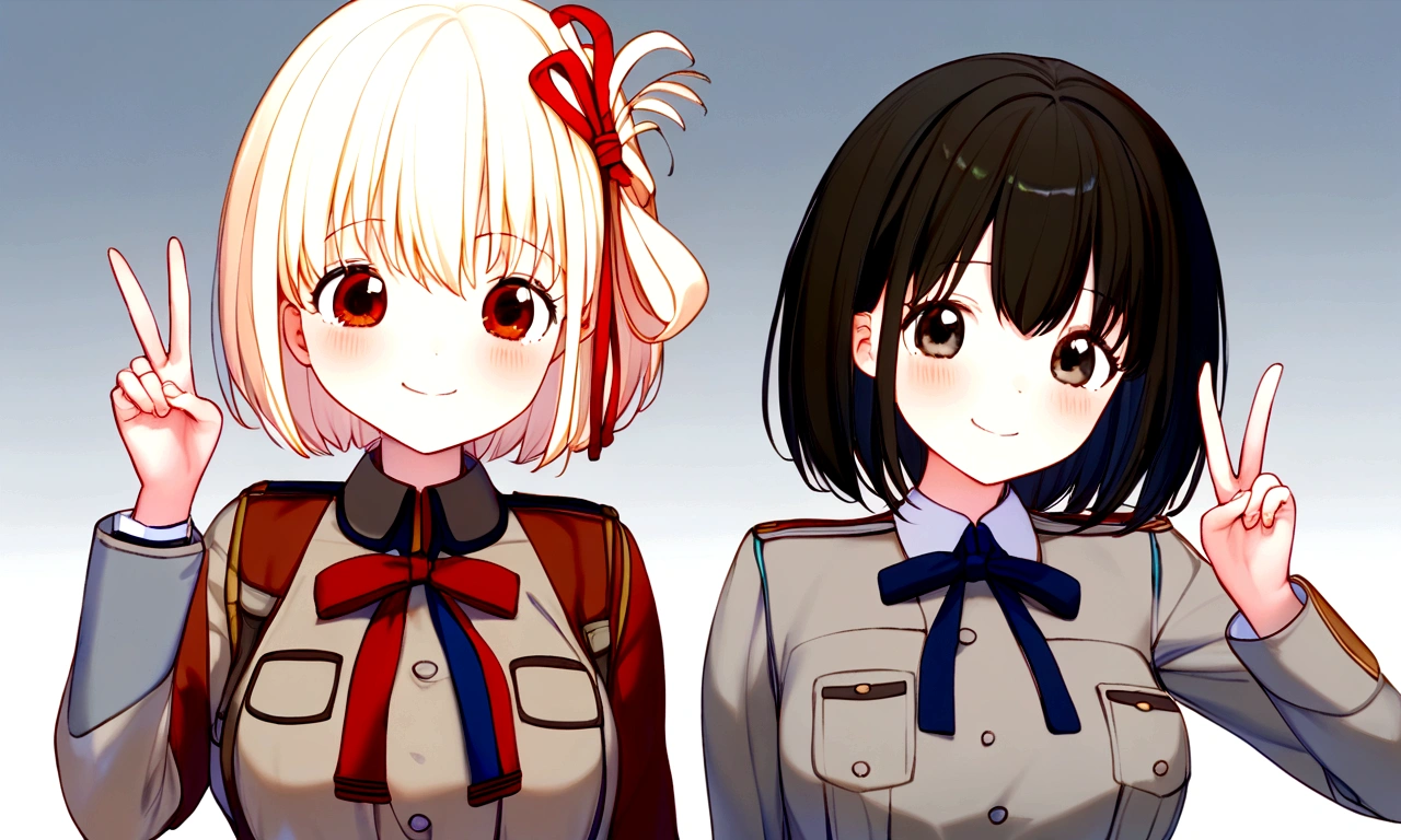 delicate、masterpiece、highest quality、2 peopleの女の子、2 people、Licorice Recoil、rikorisu rikoiru、Anime characters、(((Nishikigi Sensoku、chisato、cute、Blonde、short hair、With bangs、Cute red and grey uniform、Peace pose、smile、)))、(((Takina Inoue、takina、Black Hair、Long Hair、Navy blue and gray cute uniform、cute、Peace pose、Emotionless、Being a bit prickly、)))、White Background、Flat Color、2 peopleとも正面を向いている、sketch