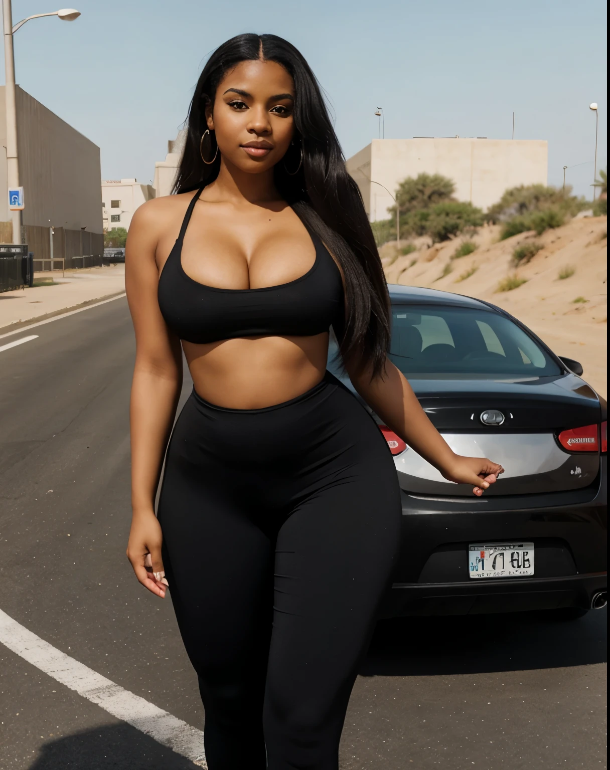 Mixed black ethnicity, curvy girl, long straight hair, sexy sporty outfit, riding a camel