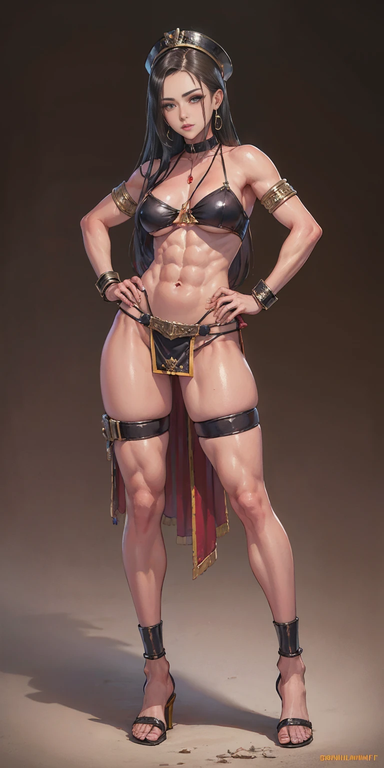 full body toe to head, masterpiece, 1soloMILF BIMBO standing loincloth pose, leather collar choker neck bell shackles wristbands bracers bracelets sleeves and stockings, strong body, abs, shiny skin (masterpiece, best quality) 1girlsolo wearing 40K Warhammer sisters of battle whsororitas (plain background)