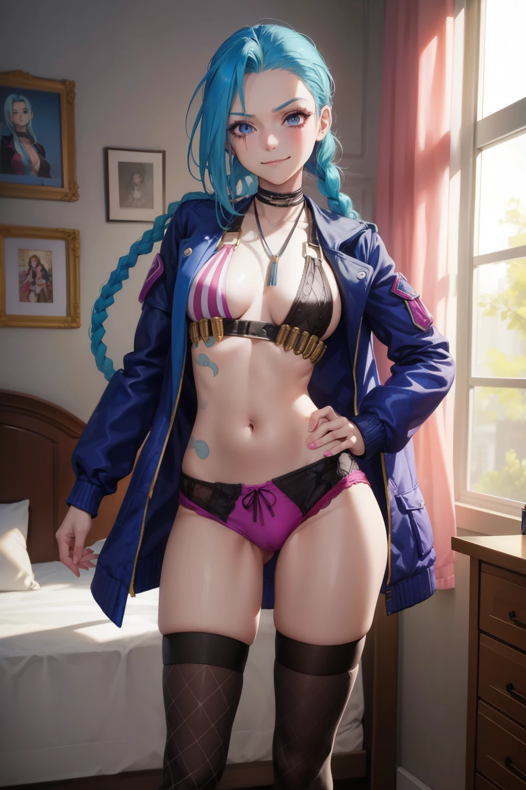Jinx ,1girl , anime , masterpiece , blue hair braided , jaqueta aberta open clothes ,jinx , smug face , jacket, open clothes, bra , small breasts ,pantie , long socks , looking at viewer , bedroom .