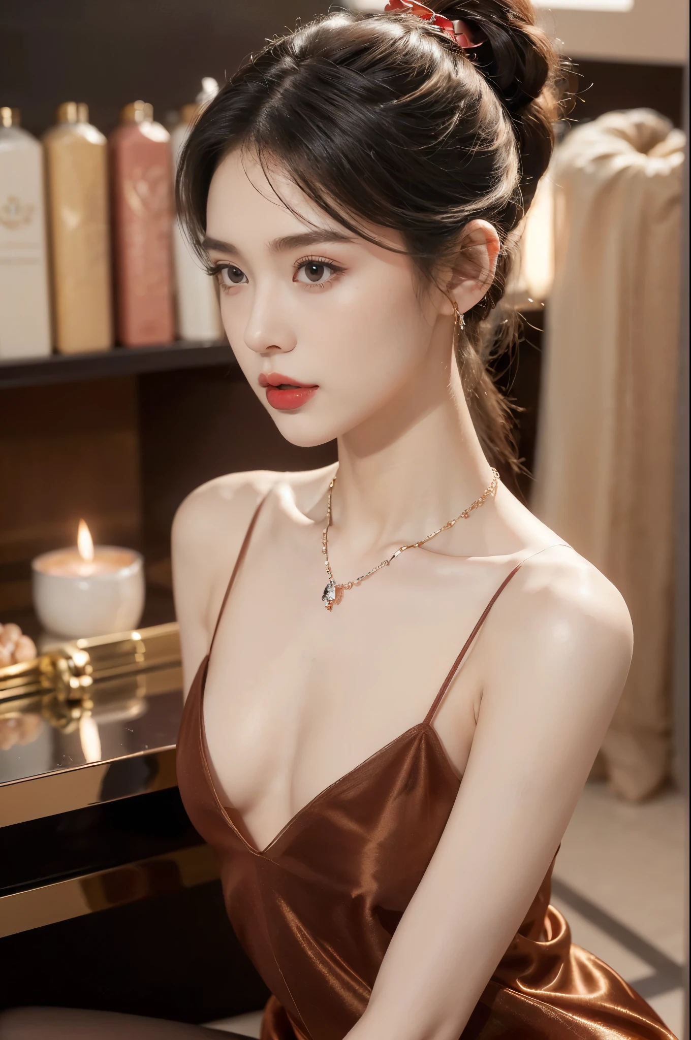 ((((8k))),((Extremely meticulous CG)) ,(wallpaper),16k,((Extremely refined and beautiful)),(((Masterpiece))),(((best qualtiy))),(((Ultra High Resolution))),beautiful light up,Perfect lightning,realistic shaded,(Smooth and flawless skin:1.5),(Extremely exquisite facial details:1.2),(perfect body:1.2),(ultra-detailed),((A beautiful girl,solo)),(small head:1.2),(pale skin:1.3),(short ponytail:1.3),(small face:1.2),(baby face:1.3),(glasses:1.2),(Exquisite makeup:1.2),(red lips:1.2),(parted lips:1.2),(small breasts:1.3),(flat chest:1.2),(cleavage:1.2),((slim,thin)),(disgusted expression:1.5),(crystal necklace:1.2),(fullbody pantyhose:1.5),(slender legs:1.2),(indoor:1.3),(summer:1.3),(detailed background:1.5),(standing:1.3),(arms behind back:1.2),(upper body:1.3),(from front:1.3),(day scene:1.5),(In a luxurious bank:1.5),(bright and vivid colors:1.3),(surrounded by crowded crowds:1.3)