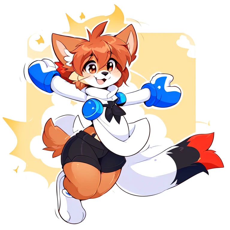 uploaded on e621, white female anthro cat, uploaded to e621, ((by teranen, by supercartoonist in devianart, by Dan Hassket, by Coffeesoda, by Hioshiru, by Kilinah)), has thick thighs, wearing black swimming shorts, jumping like Mega man, high quality, crisp