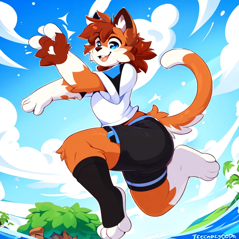 uploaded on e621, white female anthro cat, uploaded to e621, ((by teranen, by supercartoonist in devianart, by Dan Hassket, by Coffeesoda, by Hioshiru, by Kilinah)), has thick thighs, wearing black swimming shorts, jumping like Mega man, high quality, crisp